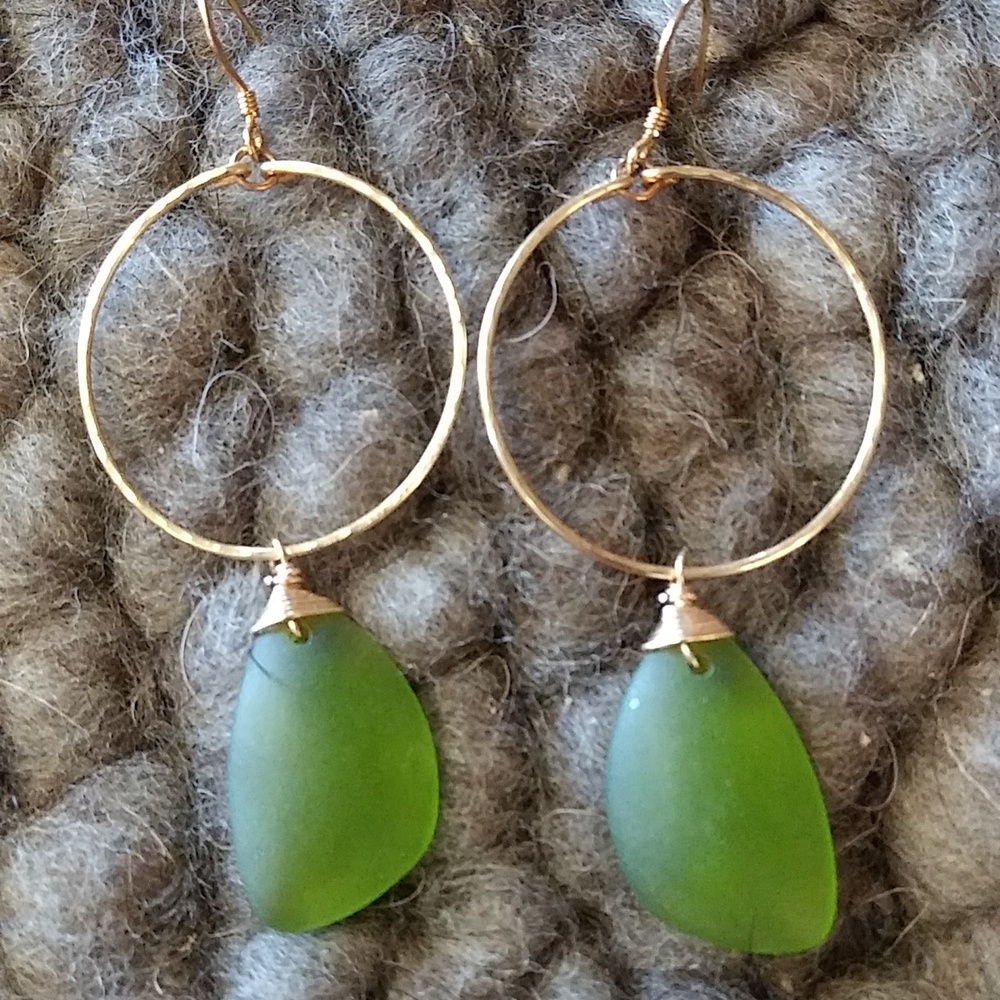 Green beach glass gold hoop dangling earrings